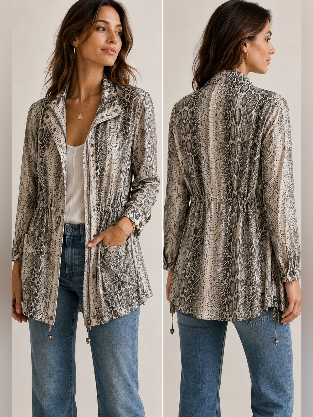 Per Se 100% Silk Snakeskin Print Utility Jacket Women’s Size 10 Gray